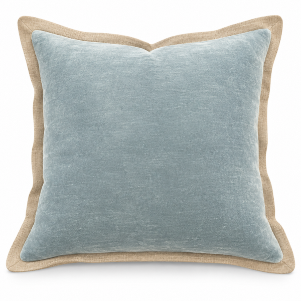Misty Blue Velvet Cushion with Linen Border 50X50CM