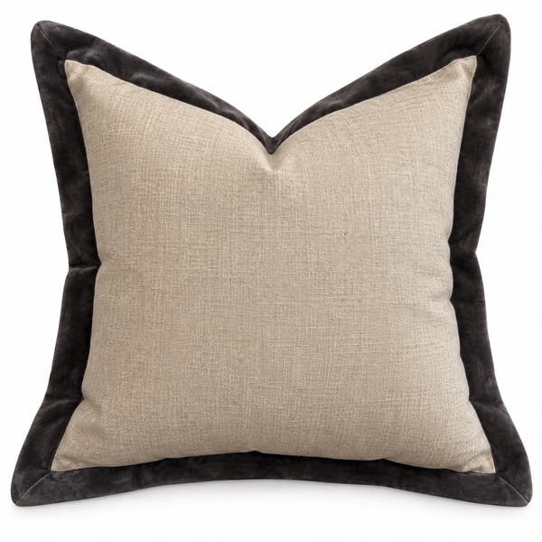 Natural Linen Cushion with Charcoal Velvet Flange 50X50CM