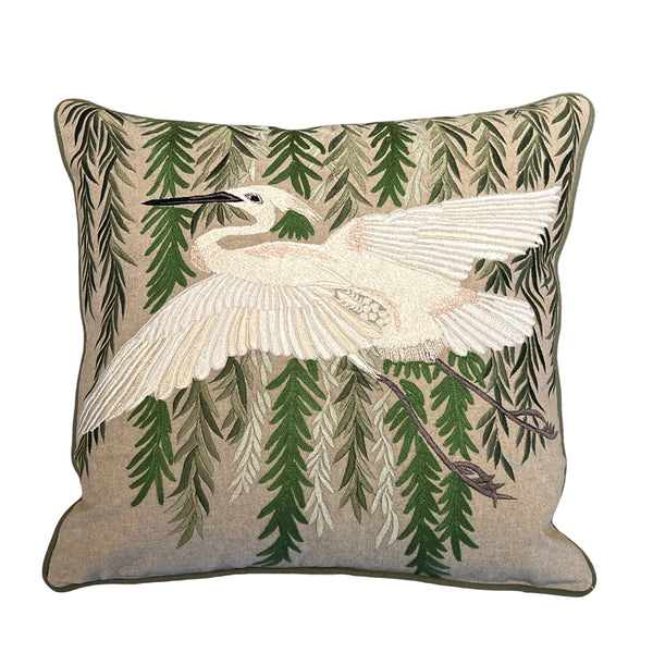 The Willow Egret Embroidered Cushion 45x45cm
