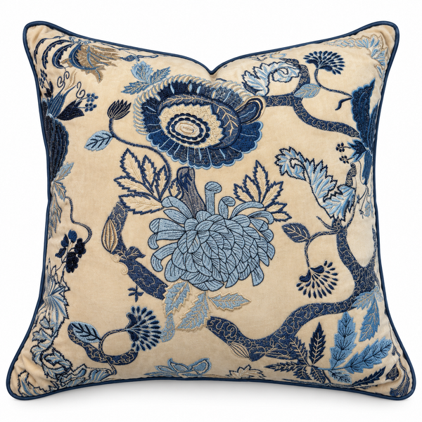 Blue Huali Velvet Embroidered Cushion 50X50CM
