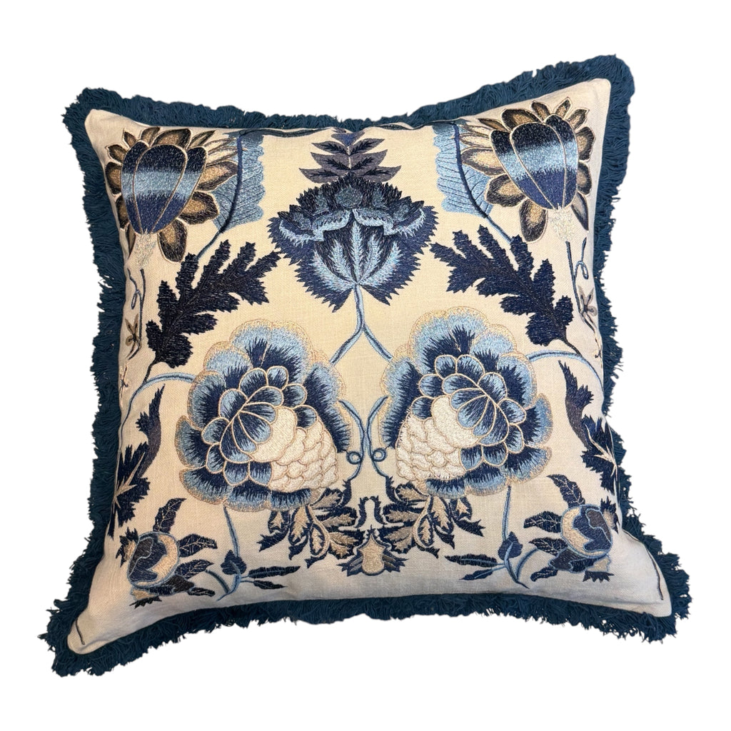 Blue Floral Embroidered Cushion with Fringe Trim 50X50CM