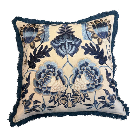 Blue Floral Embroidered Cushion with Fringe Trim 50X50CM