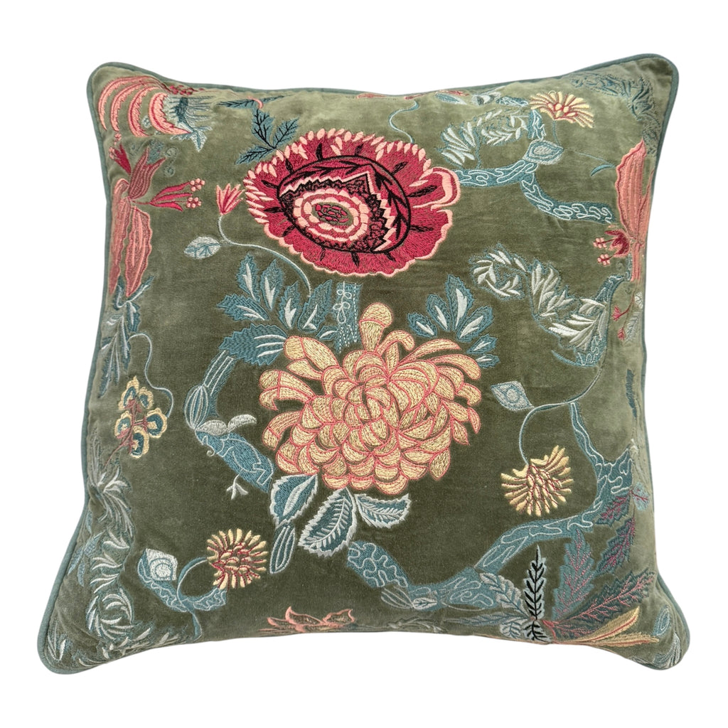 Celadon Blossom Embroidered Velvet Cushion 50X50CM