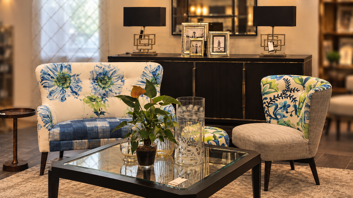 Janine bespoke living room with floral upholstery