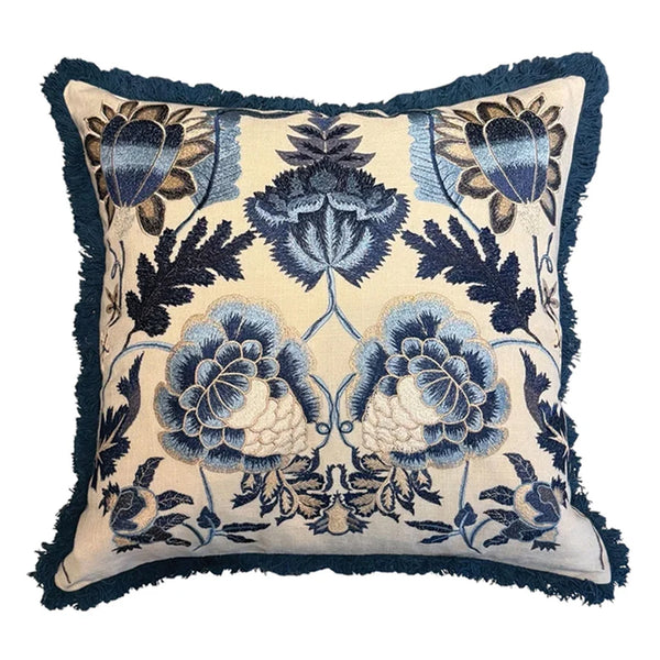 Navy Acanthus Embroidered Cushion with Fringe 50X50CM