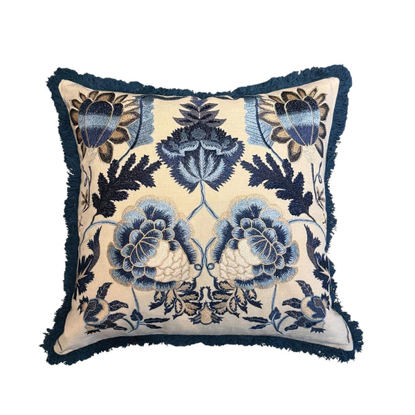 Navy Acanthus Embroidered Cushion with Fringe 50X50CM